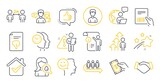 Set of People icons, such as Queue, Handshake, Parcel invoice symbols. Manual doc, Like, People talking signs. Moisturizing cream, Social distancing, Employee result. Good mood, Thumb down. Vector