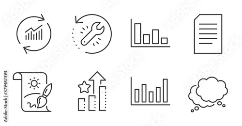 Recovery tool, Column chart and Document line icons set. Histogram, Speech bubble and Update data signs. Ranking stars, Creative painting symbols. Quality line icons. Recovery tool badge. Vector