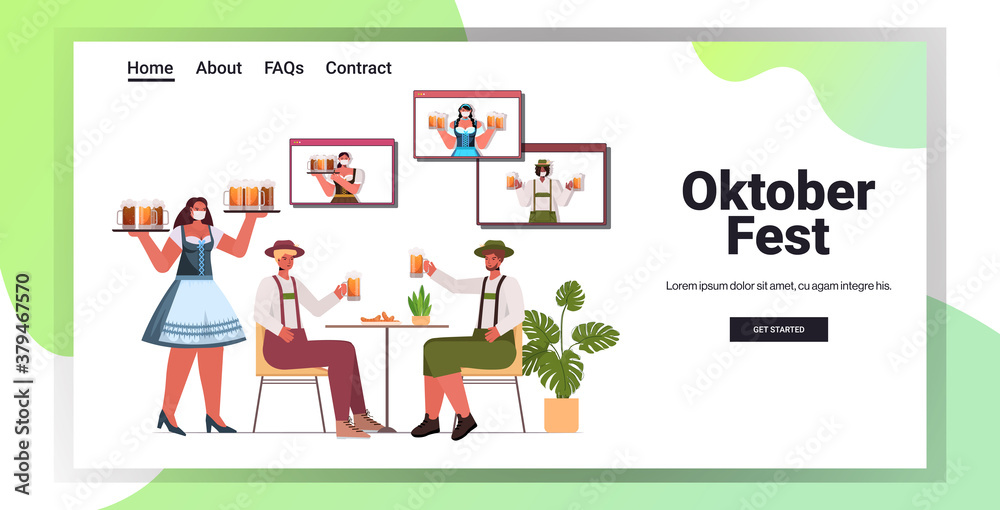 waitress in mask serving beer for men in bar Oktoberfest party celebration coronavirus pandemic concept friends sitting at table having fun horizontal copy space vector illustration waitress in mask serving beer for men in bar Oktoberfest party celebration coronavirus pandemic concept friends sitting at table having fun horizontal copy space vector illustration