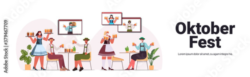 waitresess in masks serving beer for men in bar Oktoberfest party celebration coronavirus pandemic concept people discussing during video call horizontal copy space vector illustration
