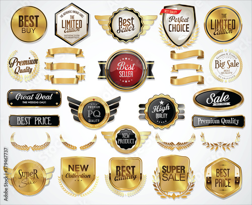 Collection of Golden badges labels laurels shield and metal plates 