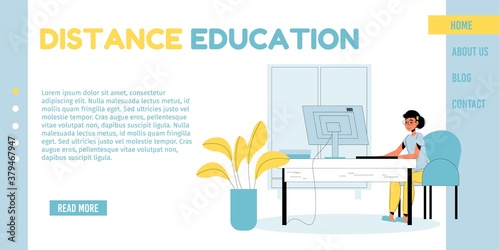 Distance education for children. Online school, digital class, e-learning. Schoolgirl sitting at compute at home room studying, learning subject remotely. Back to homeschooling. Landing page template