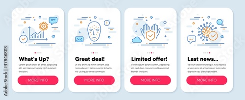 Set of Medical icons, such as Insurance hand, Face biometrics, Coronavirus statistics symbols. Mobile screen app banners. Coronavirus line icons. Vector
