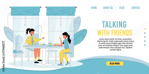 Children communication at school landing page. Adolescent children spend time together on school break, talking, eating in canteen. Nice conversation friend, friendship concept. Daily pupil life