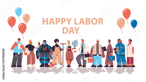 people of different occupations celebrating labor day mix race workers wearing masks to prevent coronavirus pandemic lettering greeting card horizontal full length copy space vector illustration