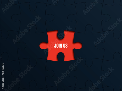 Hiring or recruitment banner, poster with join us message as missing piece of puzzle. Job vacancy advertisement.