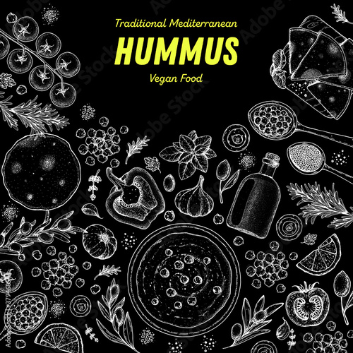 Hummus cooking and ingredients for hummus  sketch illustration. Middle eastern cuisine frame. Healthy food  design elements. Hand drawn  package design. Middle eastern food.