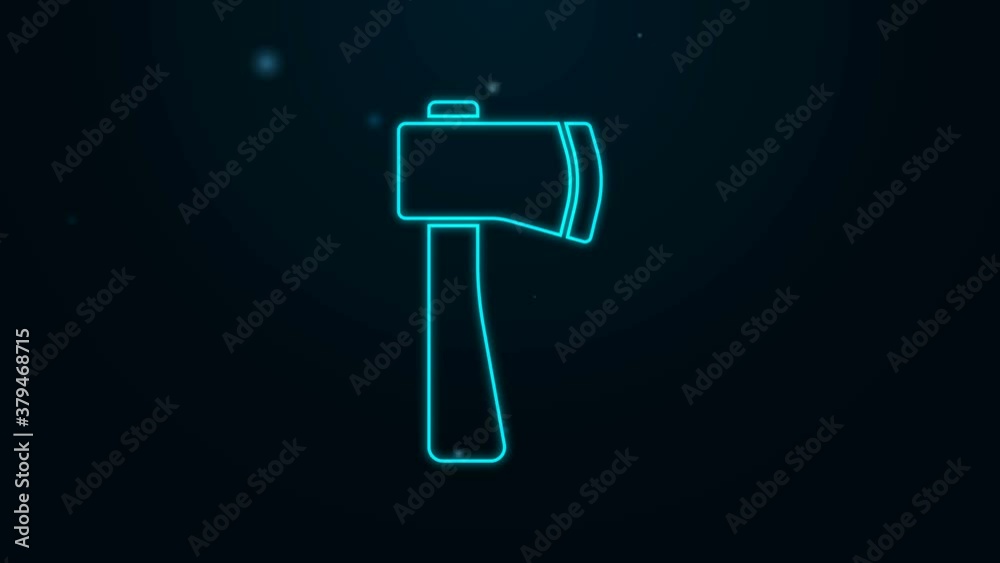 Glowing neon line Wooden axe icon isolated on black background. Lumberjack axe. 4K Video motion graphic animation Glowing neon line Wooden axe icon isolated on black background. Lumberjack axe. 4K Video motion graphic animation