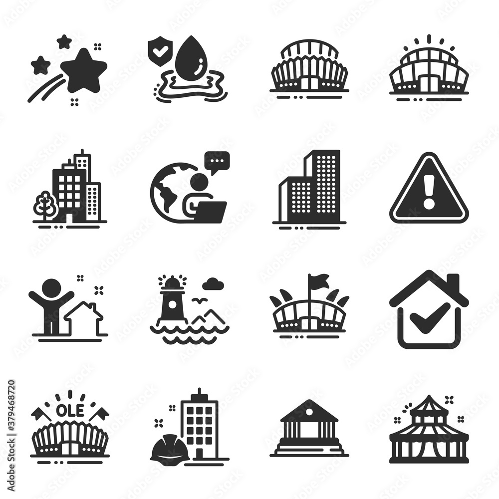 Set of Buildings icons, such as Construction building, Buildings, Circus symbols. Sports stadium, Sports arena, Lighthouse signs. New house, Arena stadium, Court building. Flood insurance. Vector Set of Buildings icons, such as Construction building, Buildings, Circus symbols. Sports stadium, Sports arena, Lighthouse signs. New house, Arena stadium, Court building. Flood insurance. Vector