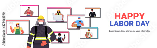 firefighter discussing with people of different occupations in web browser windows labor day concept online communication self isolation portrait horizontal copy space vector illustration
