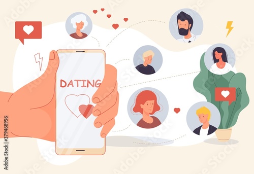 Dating online. Mobile application for searching love creation virtual relationship. Man woman chatting on internet, social networking, making date. Human hand holding smartphone, user avatar around