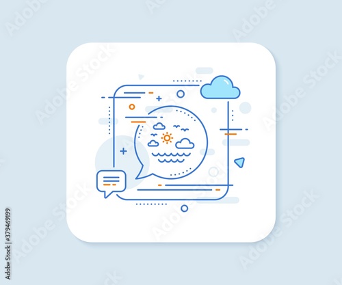 Travel sea line icon. Abstract square vector button. Sun, clouds and waves sign. Summer holidays symbol. Travel sea line icon. Speech bubble concept. Vector
