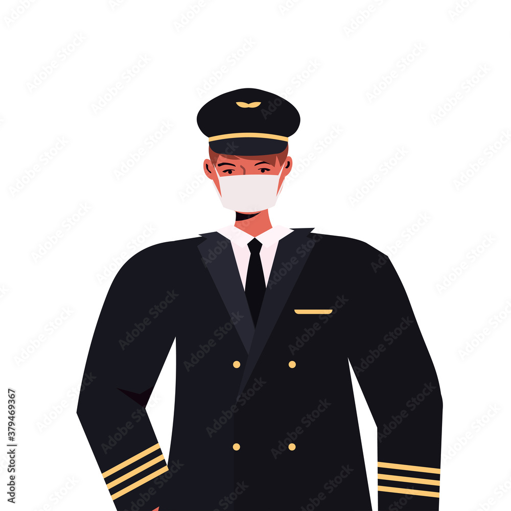pilot in uniform wearing mask to prevent coronavirus pandemic self isolation labor day celebration concept portrait vector illustration