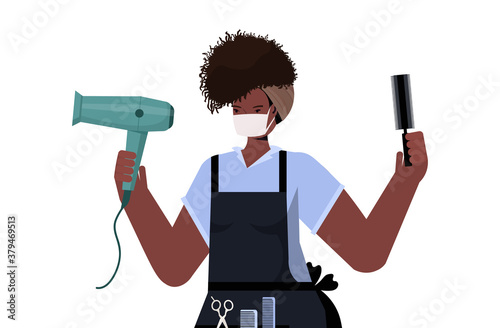 hairdresser wearing mask to prevent coronavirus pandemic self isolation covid-19 quarantine concept horizontal portrait vector illustration