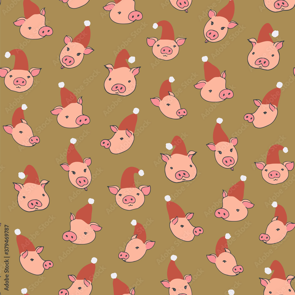Winter Christmas seamless hand drawn vector pattern with cute little funny pigs heads. Winter Christmas seamless hand drawn vector pattern with cute little funny pigs heads.