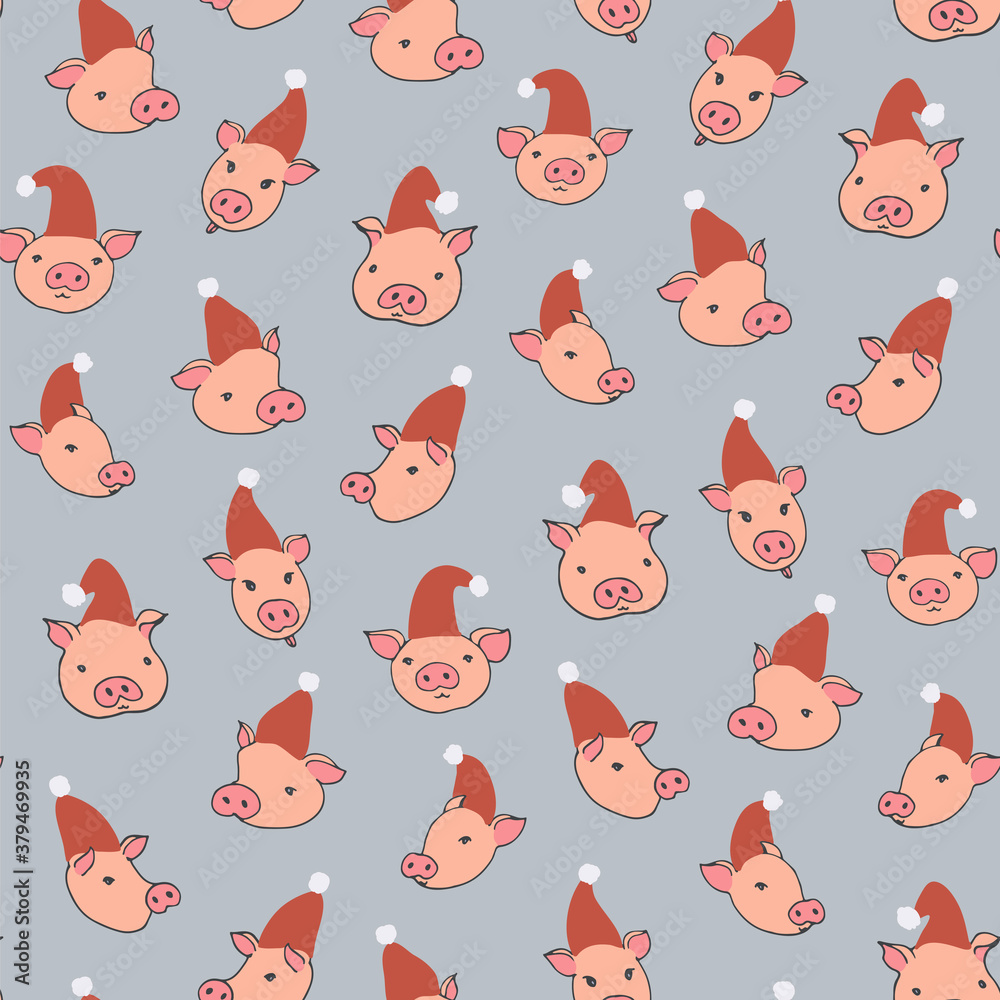 Fototapeta premium Winter Christmas seamless hand drawn vector pattern with cute little funny pigs heads.