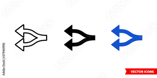 Fork arrows icon of 3 types color, black and white, outline. Isolated vector sign symbol.