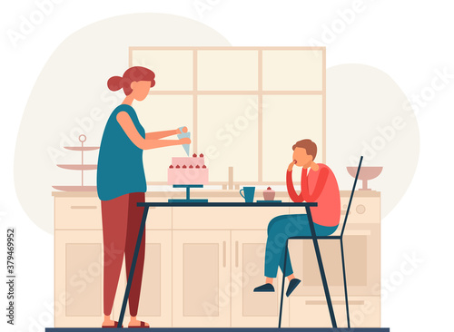 Mother preparing cake for son in kitchen
