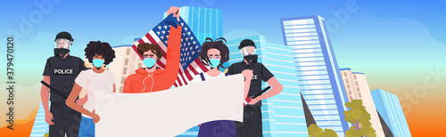 pollice officers with mix race protesters in masks holding empty banner labor day celebration coronavirus quarantine concept cityscape background portrait horizontal vector illustration