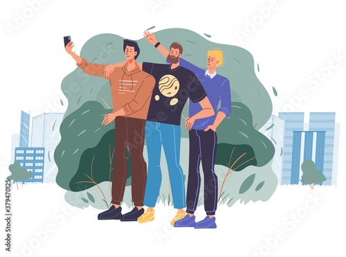 Man friend photographing themselves on city street using mobile phone. Guys taking selfie on smartphone camera. Young male character posing for self-portrait. Happy people walking outdoor