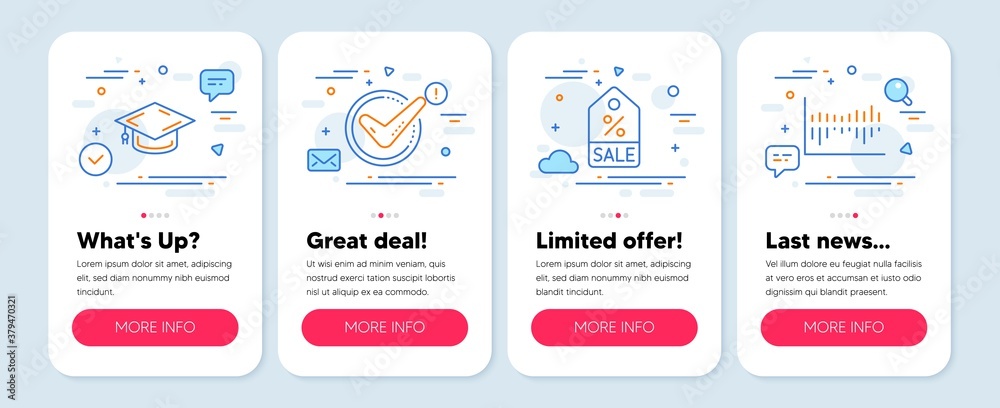 Set of Business icons, such as Confirmed, Graduation cap, Sale coupon symbols. Mobile screen banners. Column diagram line icons. Accepted message, University, Discount tag. Sale statistics. Vector