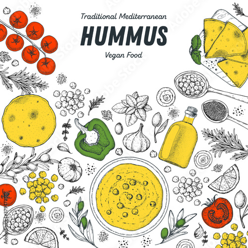 Hummus cooking and ingredients for hummus, sketch illustration. Middle eastern cuisine frame. Healthy food, design elements. Hand drawn, package design. Middle eastern food.