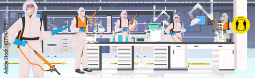 professional cleaners in hazmat suits janitors cleaning and disinfecting coronavirus cells chemical laboratory interior horizontal full length vector illustration