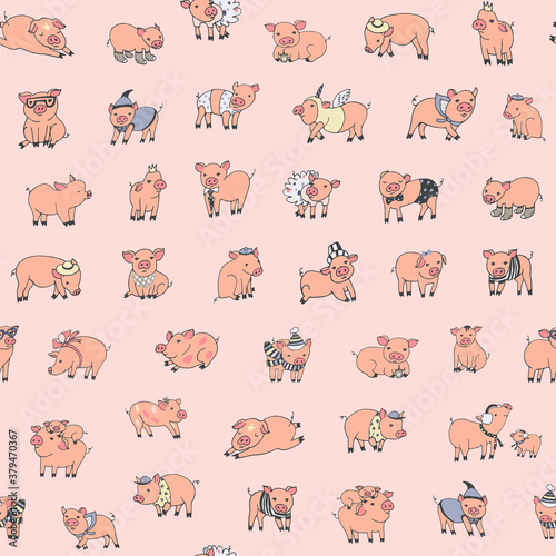 Seamless hand drawn vector pattern with cute little funny pigs animals in carnaval celebration costumes.