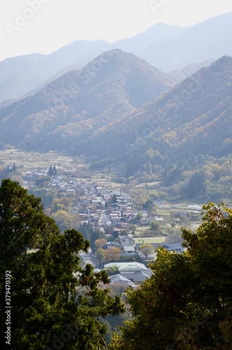 Landscape view of a village from top of hill in Yamadera, Yamagata