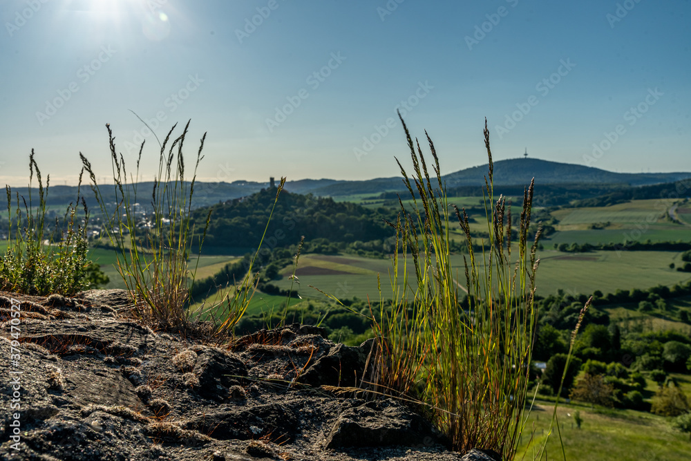 view on castle ruin vetzberg and duensberg mountain with a buitiful ladscape panorama. view  from the medieval castle ruin gleiberg near giessen, hesse, germany