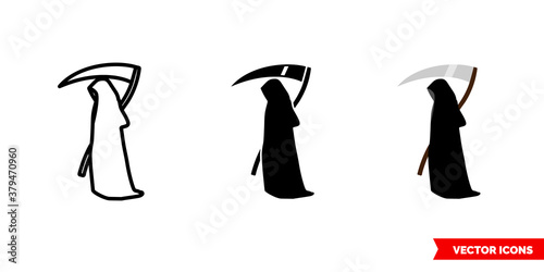 Grim reaper death icon of 3 types color, black and white, outline. Isolated vector sign symbol.