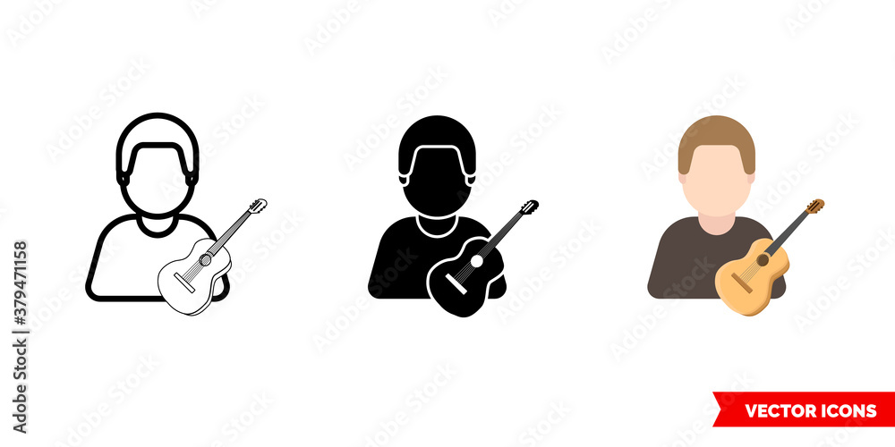 Guitar player icon of 3 types color, black and white, outline. Isolated vector sign symbol.