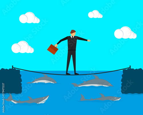 Businessman tightrope walker keeps balance on the tightrope. Sharks swim under it. Vector illustration. 