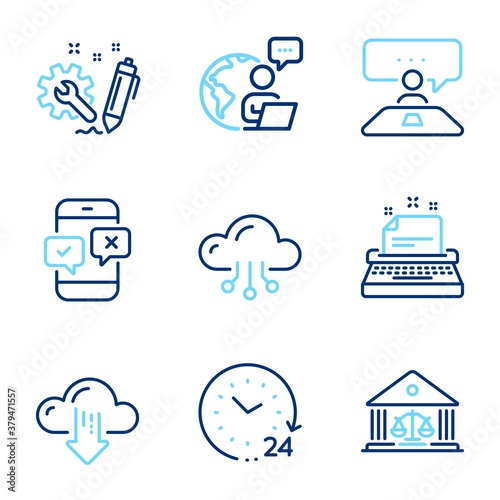 Education icons set. Included icon as Court building, Typewriter, Interview job signs. Engineering, Cloud download, 24 hours symbols. Phone survey, Cloud computing line icons. Line icons set. Vector