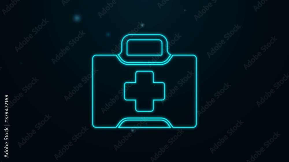 Glowing neon line First aid kit icon isolated on black background. Medical box with cross. Medical equipment for emergency. Healthcare concept. 4K Video motion graphic animation Glowing neon line First aid kit icon isolated on black background. Medical box with cross. Medical equipment for emergency. Healthcare concept. 4K Video motion graphic animation