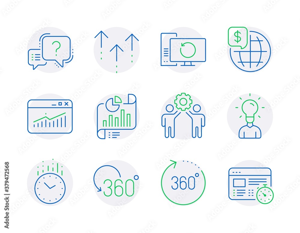 Science icons set. Included icon as Time, World money, Full rotation signs. Report document, Recovery computer, Employees teamwork symbols. Education, Question mark, Website statistics. Vector Science icons set. Included icon as Time, World money, Full rotation signs. Report document, Recovery computer, Employees teamwork symbols. Education, Question mark, Website statistics. Vector