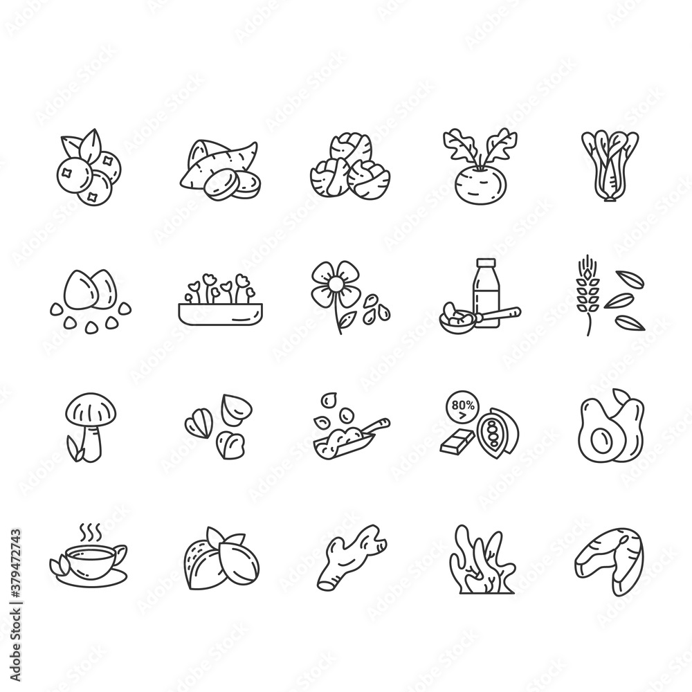 Superfoods line icons set. Vegetables, berries, seeds, grains, nuts and more. Vegetarian, organic, healthy nutrition. Detox and dietary supplements. Isolated vector illustrations. Editable stroke. Superfoods line icons set. Vegetables, berries, seeds, grains, nuts and more. Vegetarian, organic, healthy nutrition. Detox and dietary supplements. Isolated vector illustrations. Editable stroke.
