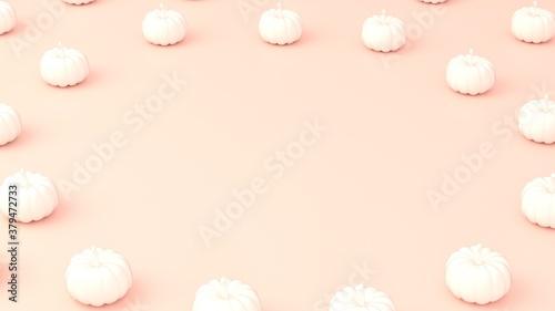 Modern pumpkins pattern isolated on pastel pink backgroundwith with white Halloween pumpkin with copy space for text. Halloween concept. 3d rendering.
