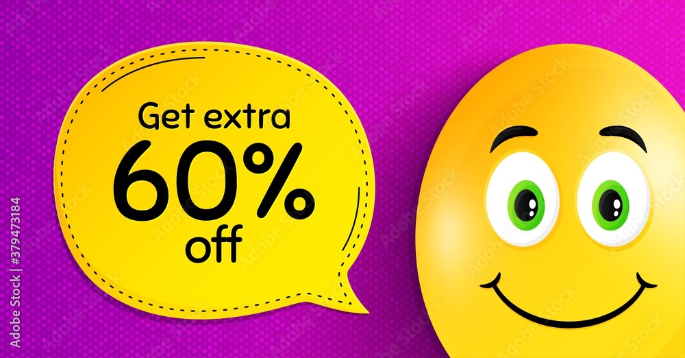 Get Extra 60% off Sale. Easter egg with smile face. Discount offer price sign. Special offer symbol. Save 60 percentages. Easter smile character. Extra discount speech bubble. Vector Get Extra 60% off Sale. Easter egg with smile face. Discount offer price sign. Special offer symbol. Save 60 percentages. Easter smile character. Extra discount speech bubble. Vector