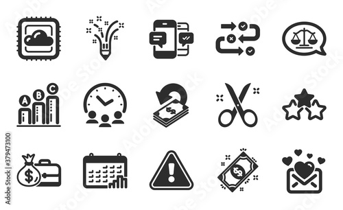 Love mail, Meeting time and Cloud computing icons simple set. Cashback, Smartphone sms and Salary signs. Survey progress, Graph chart and Inspiration symbols. Flat icons set. Vector