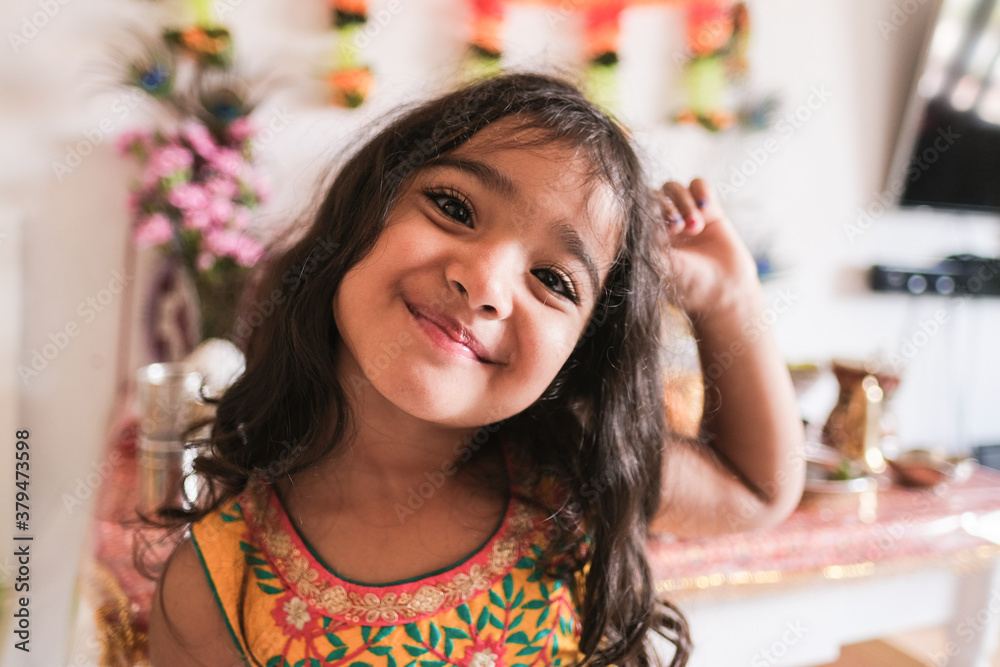 Cute indian girl with traditional dress celebrating religion hindu ...