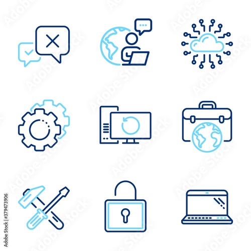 Technology icons set. Included icon as Businessman case, Settings gears, Cloud network signs. Lock, Recovery computer, Laptop symbols. Hammer tool, Reject line icons. Line icons set. Vector