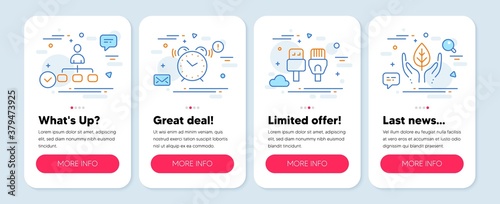 Set of Science icons, such as Computer cables, Management, Alarm clock symbols. Mobile screen mockup banners. Fair trade line icons. Rj45 internet, Agent, Time. Safe nature. Vector