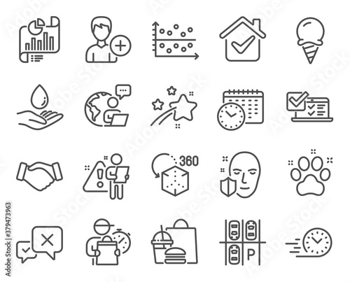Business icons set. Included icon as Dot plot, Ice cream, Pet friendly signs. Handshake, Calendar time, Augmented reality symbols. Parking place, Report document, Add person. Reject. Vector