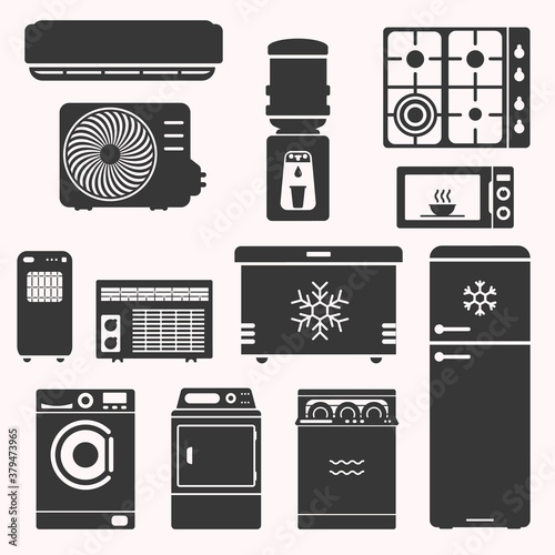 Major home appliences set, such as stove, fridge, freezer, water cooler, microwave, air conditioning, dish washer, dryer, washing machine. Domestic equipment. White goods vector illustration.