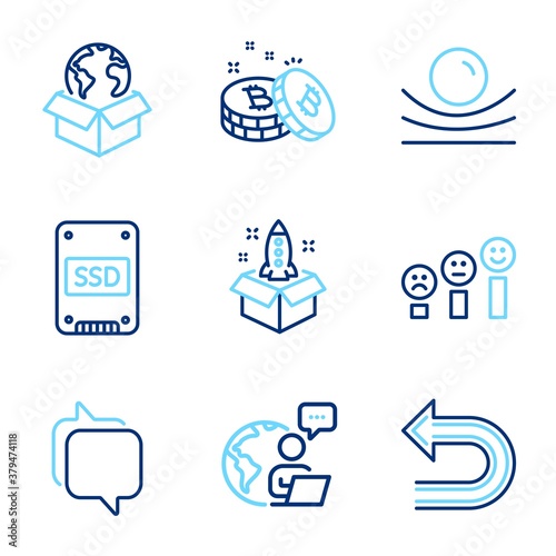 Technology icons set. Included icon as Undo, Startup, Delivery service signs. Ssd, Messenger, Customer satisfaction symbols. Bitcoin, Elastic material line icons. Left turn, Innovation. Vector