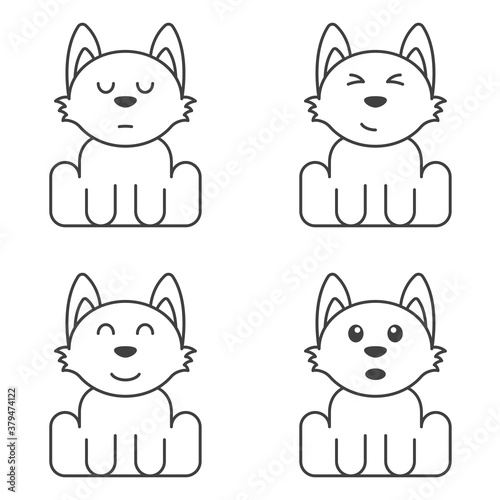 A set of cute puppies with different faces for self-coloring. Surprised, contented, brooding and happy dog. Isolated vector illustration on white background.