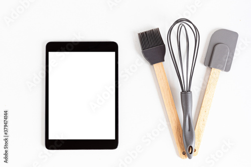 Tablet and kitchenware mock up. Online recipe application, cooking classes template