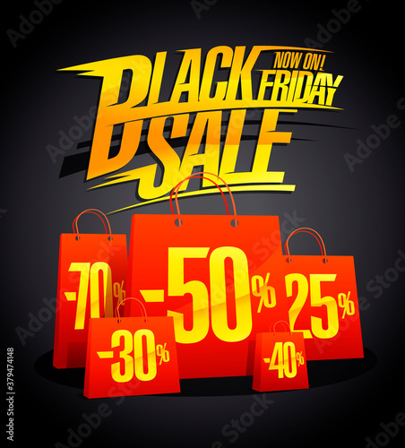 Black friday sale, vector poster with red paper bags