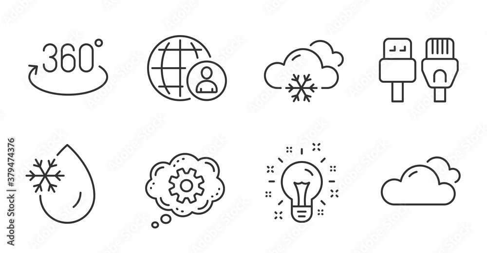 Snow weather, Full rotation and Cloudy weather line icons set. Cogwheel, International recruitment and Computer cables signs. Freezing water, Idea symbols. Snowflake, 360 degree, Sky climate. Vector Snow weather, Full rotation and Cloudy weather line icons set. Cogwheel, International recruitment and Computer cables signs. Freezing water, Idea symbols. Snowflake, 360 degree, Sky climate. Vector